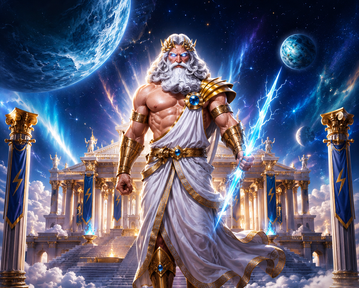 Zeus holding a lightning bolt before the temple of Olympus
